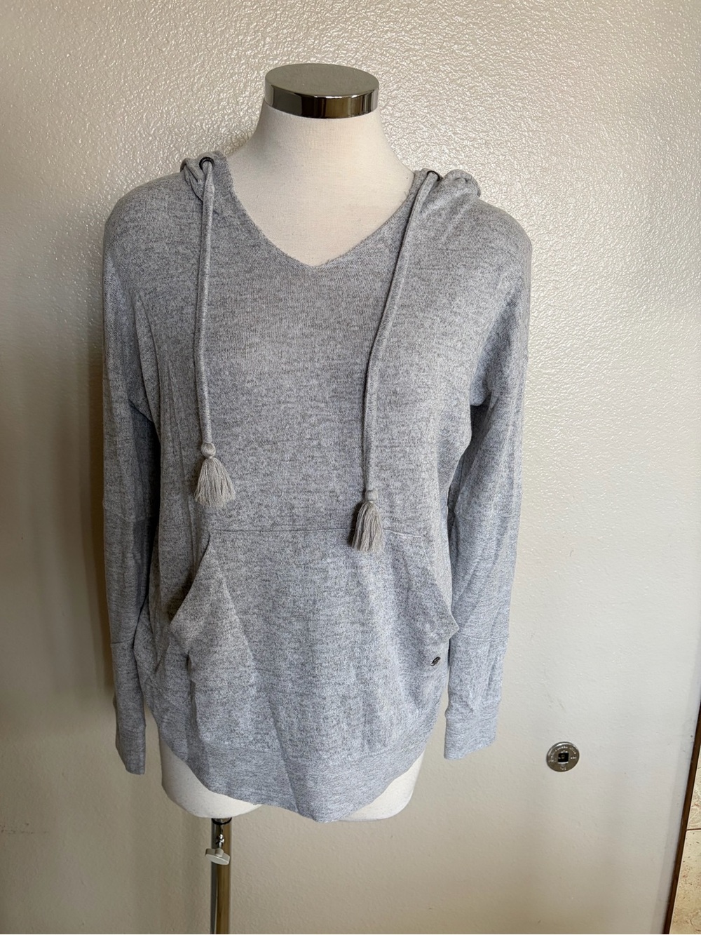 Roxy Cozy V-Neck Hooded Pullover Sweater - Light Gray
